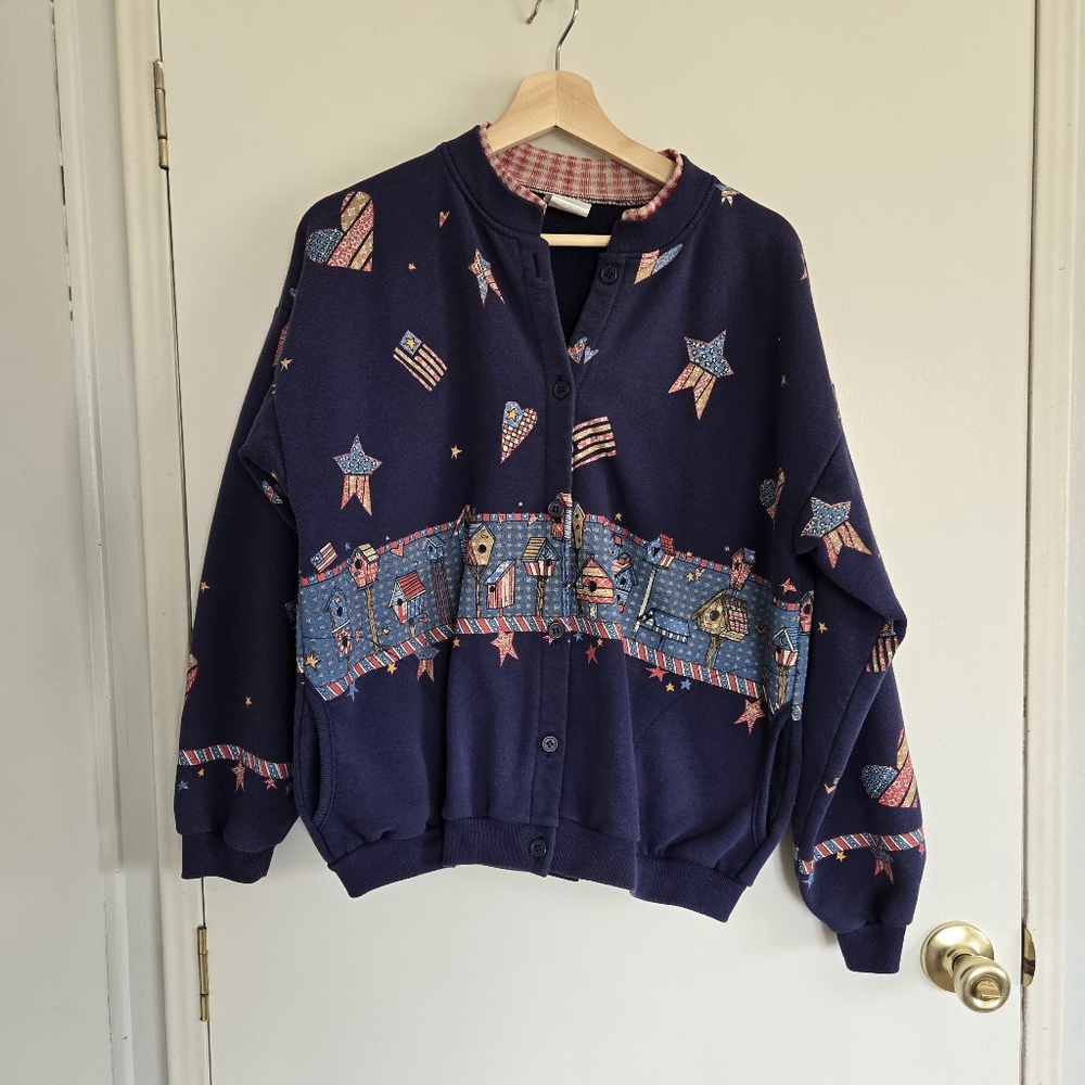 Artisans Navy Blue Button-Up Cardigan with Americana Pattern Women's L Vintage
